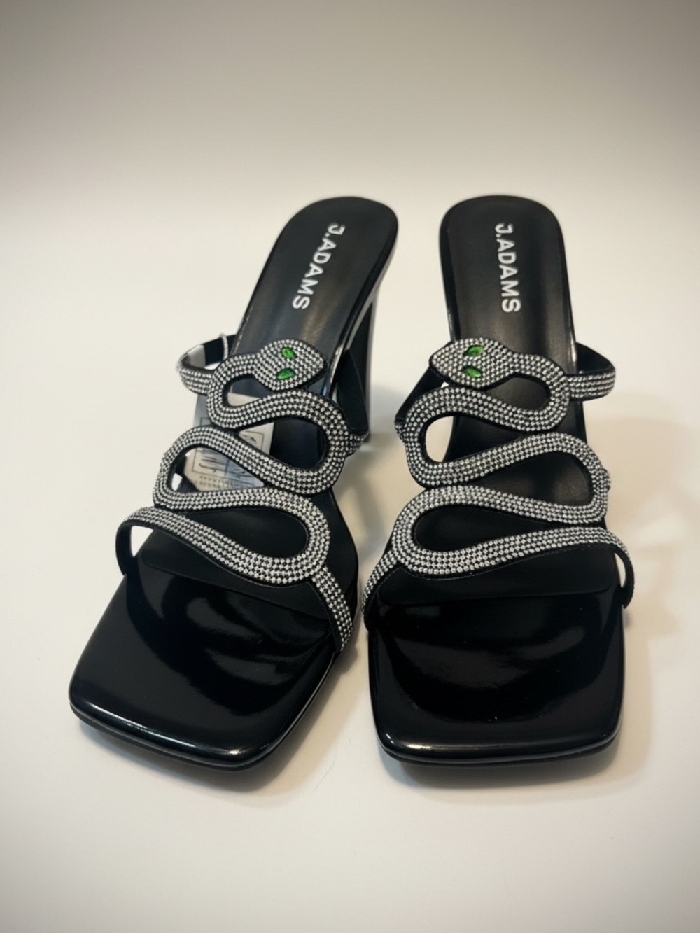 J Adams Black Rhinestone Snake-Embellished Heeled Sandals with Green Eye Accent